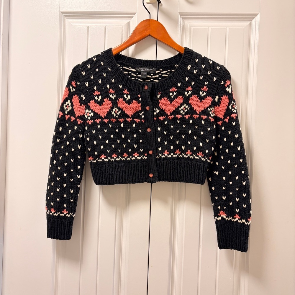 Betsey Johnson Y2K 90s Cropped Heart Knit Cardigan Black Pink – S